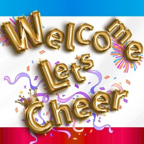 チアリーディングの世界へようこそ！「Welcome Let's Cheer」のゴールドバルーンと華やかな紙吹雪による、チアの楽しさと元気を象徴するイメージ画像
